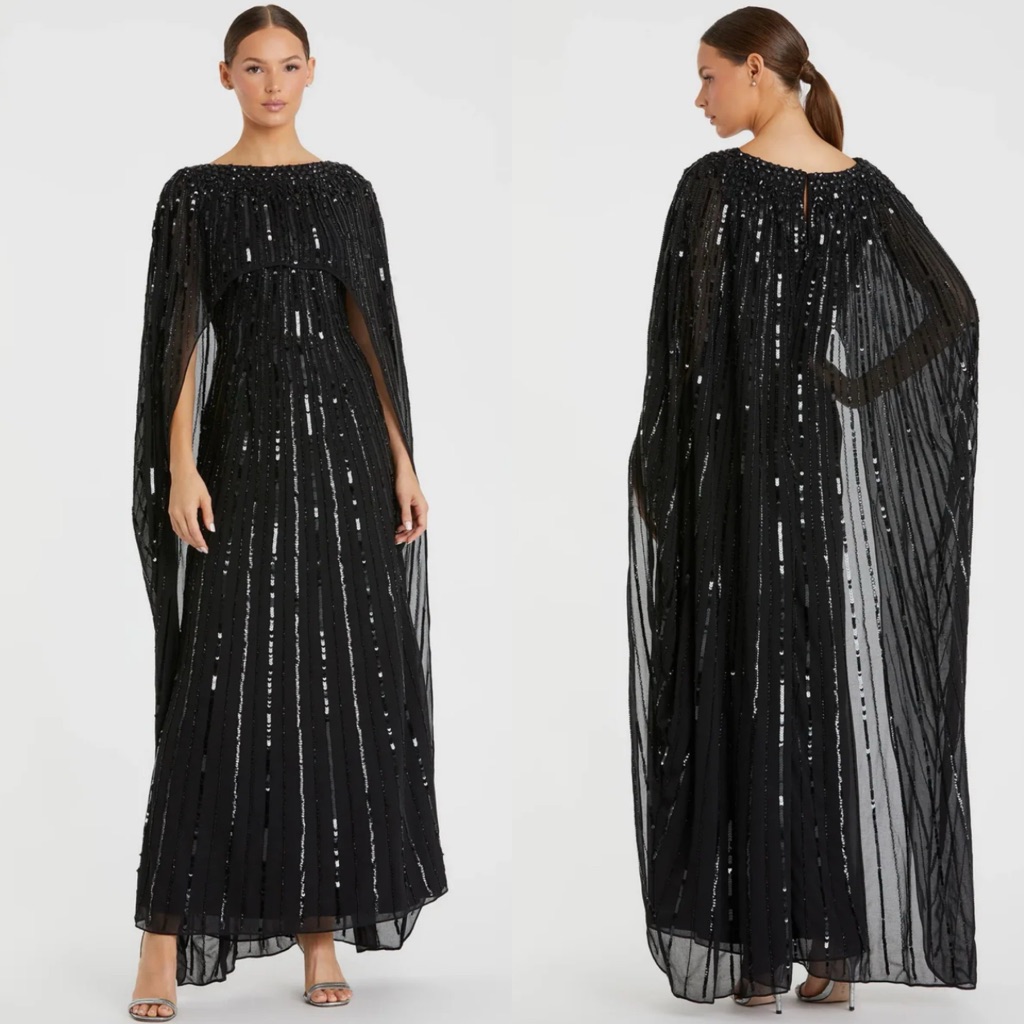New Nwt Mac Duggal Embellished Beaded Column Cape Gown In Black